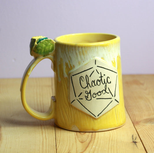 Yellow Chaotic Good Dice Fidget Mug